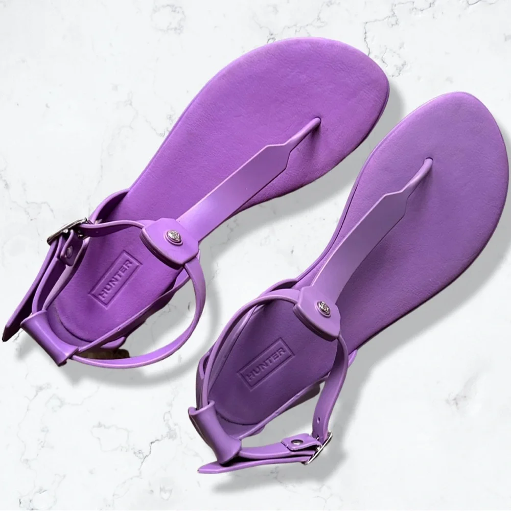 Hunter Original T-Bar Rubber Ankle Strap Sandals Purple Lavender UK 6 US 8 - Picture 1 of 5
